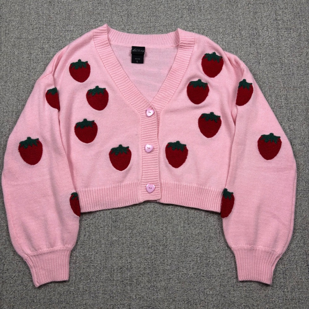 Sweet Society Cardigan‎ L Pink Strawberry Knit Heart Button Cropped Sweater